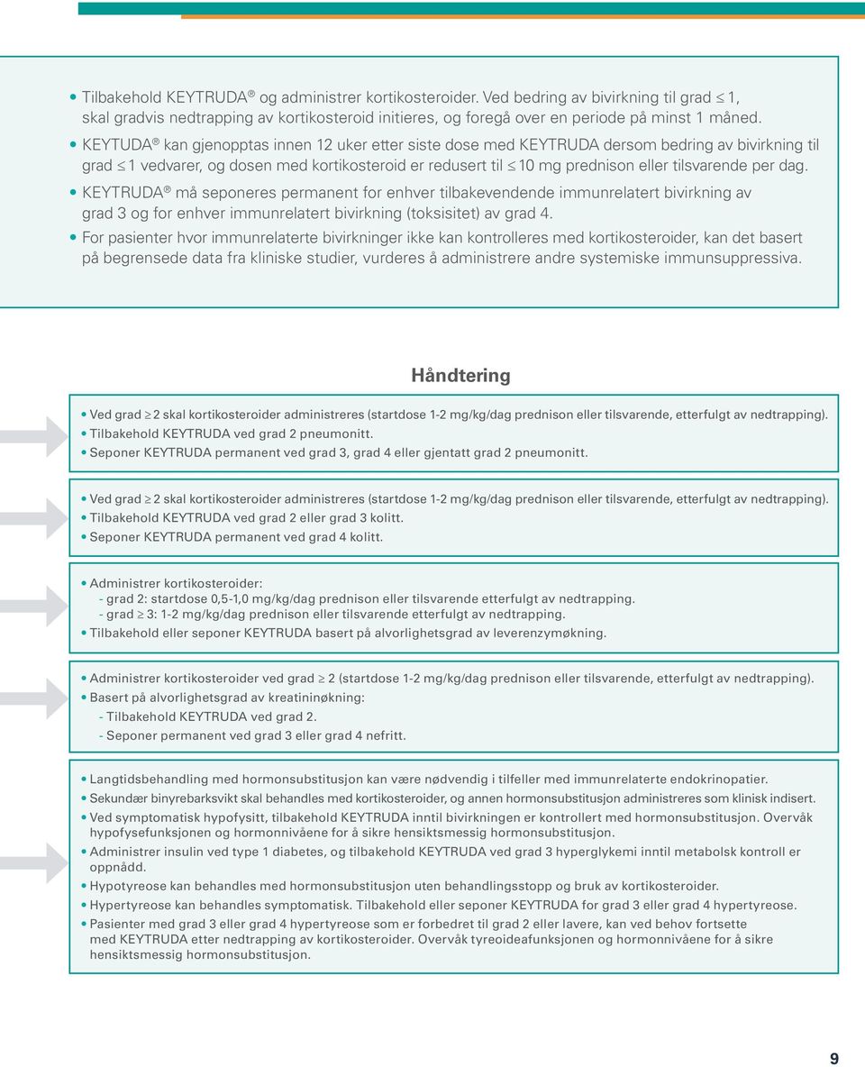 dag. KEYTRUDA må seponeres permanent for enhver tilbakevendende immunrelatert bivirkning av grad 3 og for enhver immunrelatert bivirkning (toksisitet) av grad 4.