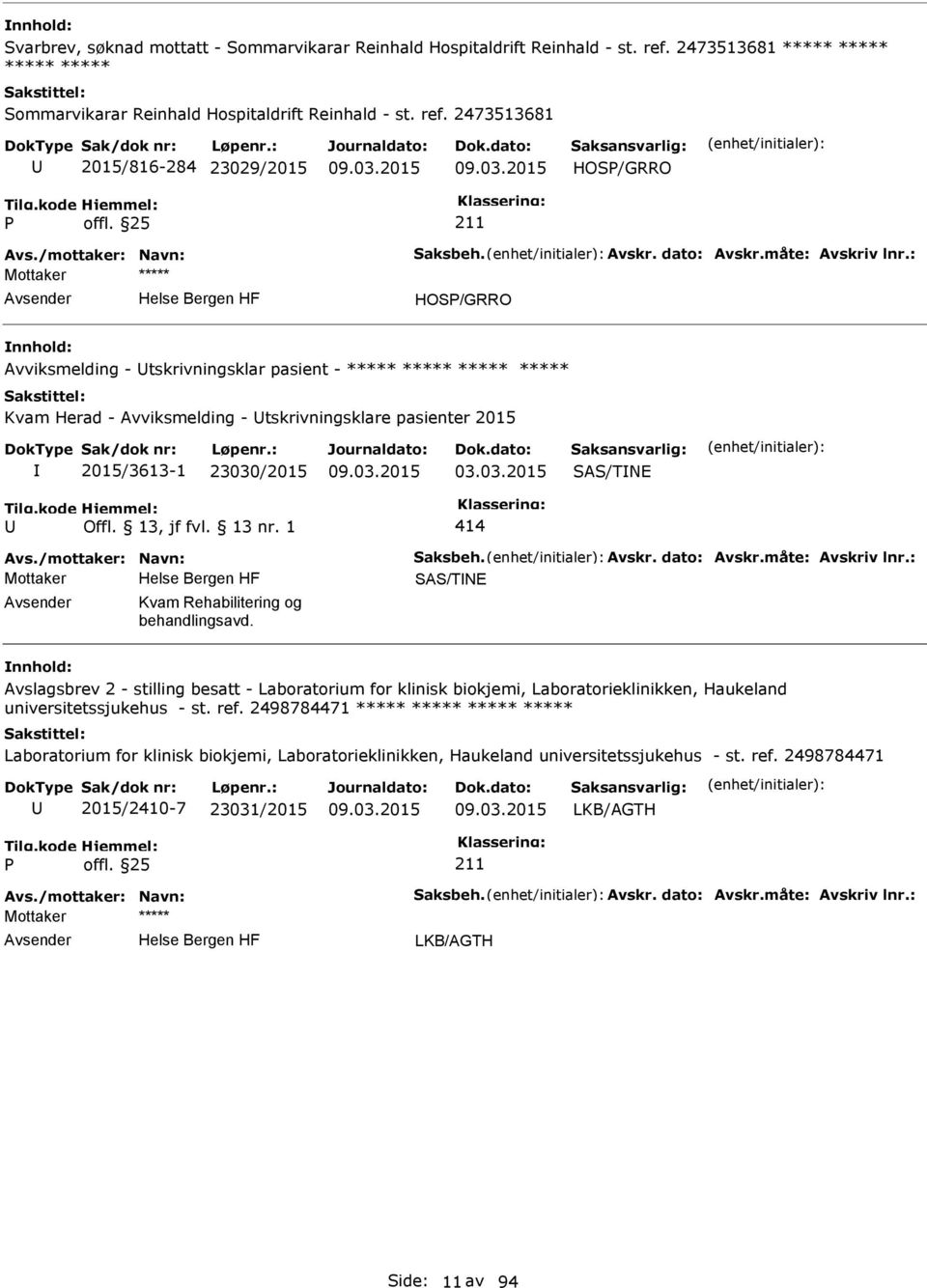 : HOS/GRRO Avviksmelding - tskrivningsklar pasient - ***** Kvam Herad - Avviksmelding - tskrivningsklare pasienter 2015 2015/3613-1 23030/2015 03.03.2015 SAS/TNE 414 Avs.