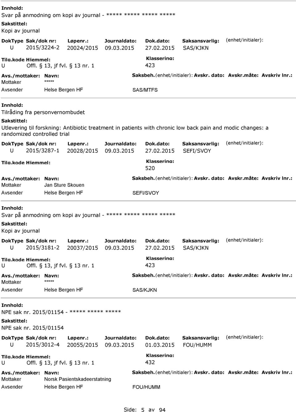 27.02.2015 SEF/SVOY 520 Avs./mottaker: Navn: Saksbeh. Avskr. dato: Avskr.måte: Avskriv lnr.