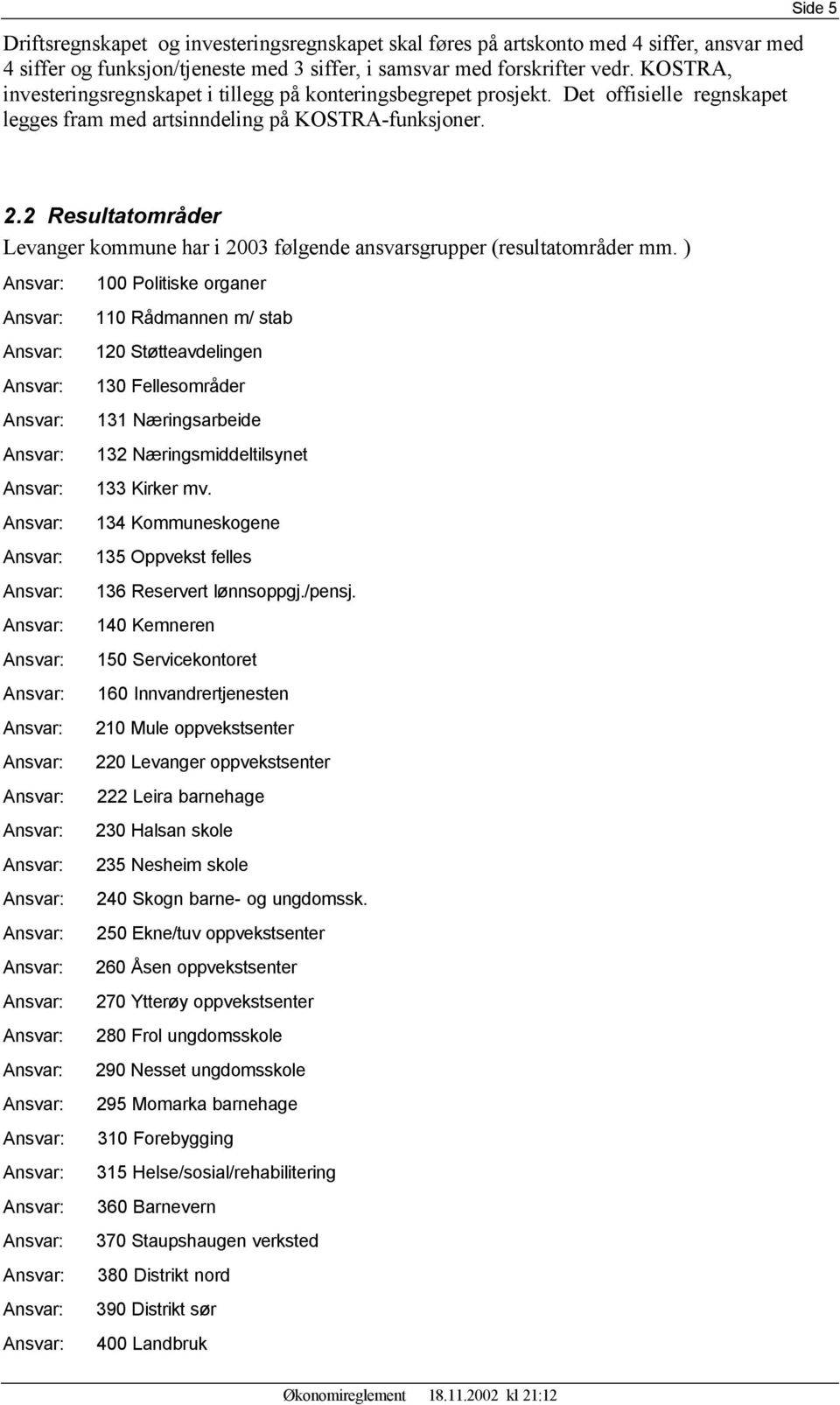 2 Resultatområder Levanger kommune har i 2003 følgende ansvarsgrupper (resultatområder mm.