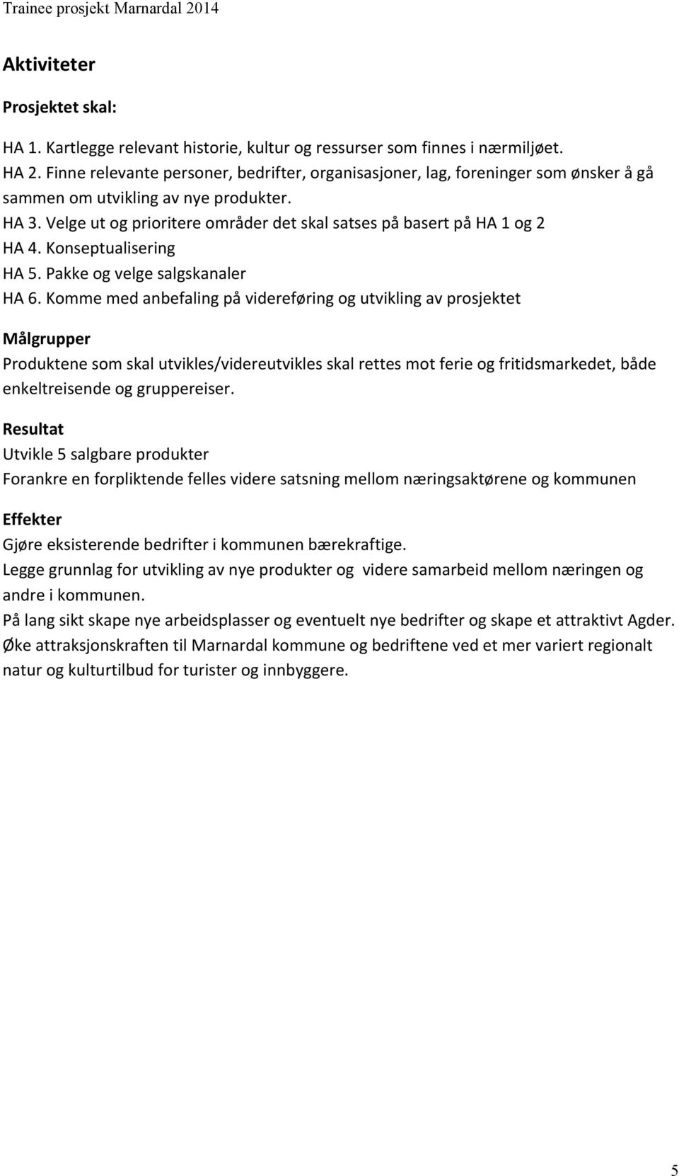 Velge ut og prioritere områder det skal satses på basert på HA 1 og 2 HA 4. Konseptualisering HA 5. Pakke og velge salgskanaler HA 6.