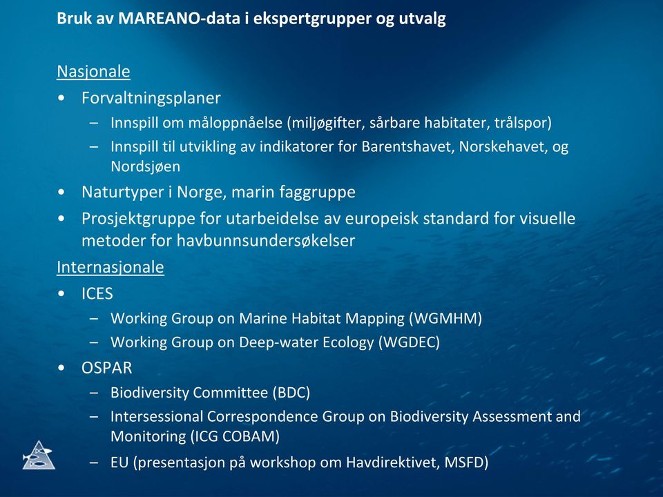 visuelle metoder for havbunnsundersøkelser Internasjonale ICES Working Group on Marine Habitat Mapping (WGMHM) Working Group on Deep-water Ecology (WGDEC) OSPAR