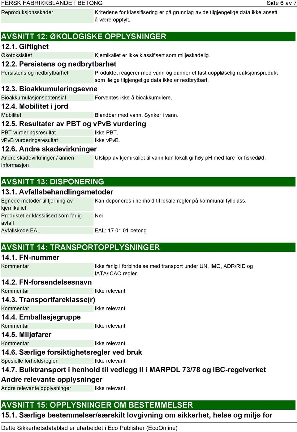 vpvb vurderingsresultat Ikke vpvb. 12