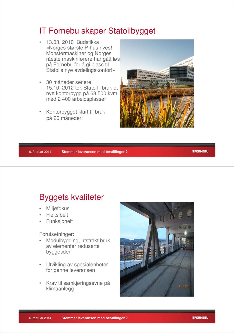 10. 2012 tok Statoil i bruk et nytt kontorbygg på 68 500 kvm med 2 400 arbeidsplasser Kontorbygget klart til bruk på 20 måneder!