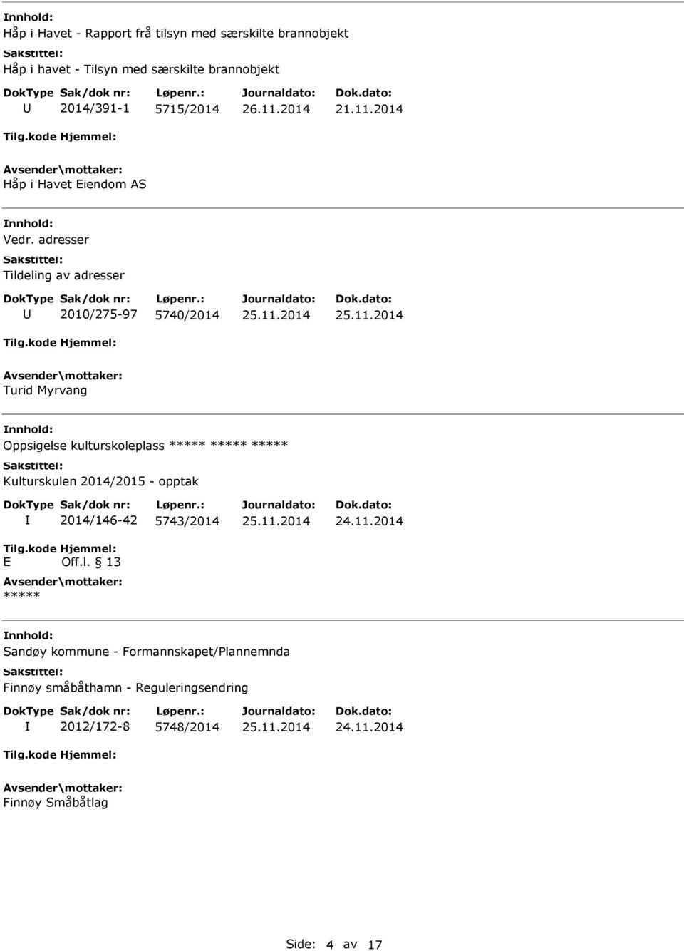 adresser Tildeling av adresser 2010/275-97 5740/2014 Turid Myrvang Oppsigelse kulturskoleplass Kulturskulen 2014/2015