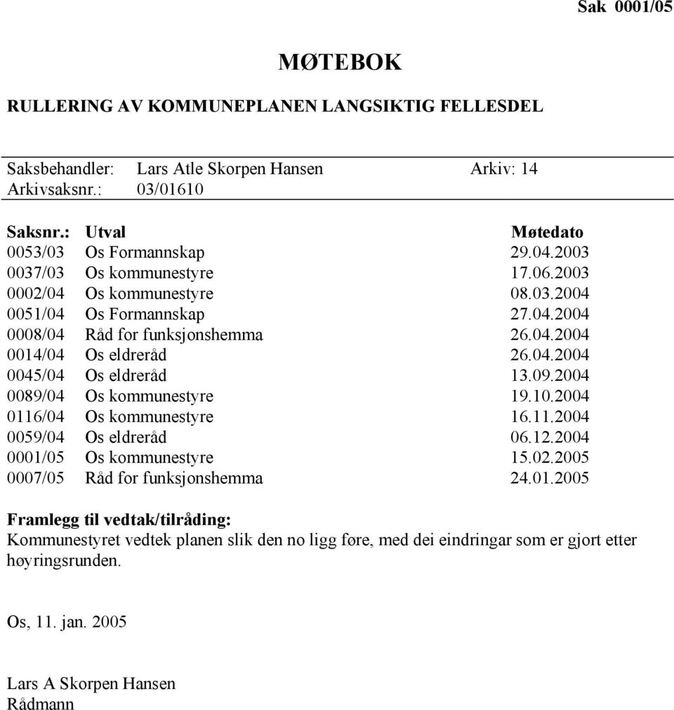 09.2004 0089/04 Os kommunestyre 19.10.2004 0116/04 Os kommunestyre 16.11.2004 0059/04 Os eldreråd 06.12.2004 0001/05 Os kommunestyre 15.02.2005 0007/05 Råd for funksjonshemma 24.01.2005 Framlegg til vedtak/tilråding: Kommunestyret vedtek planen slik den no ligg føre, med dei eindringar som er gjort etter høyringsrunden.