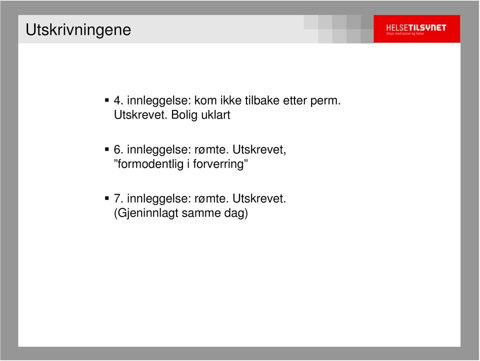 Utskrevet. Bolig uklart 6. innleggelse: rømte.