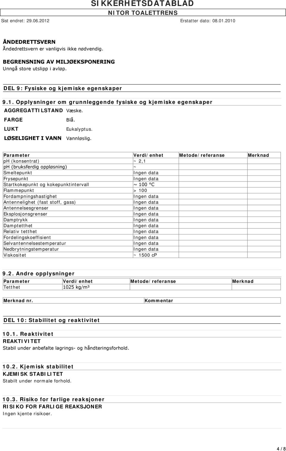 Parameter Verdi/enhet Metode/referanse Merknad ph (konsentrat) ~ 2,1 ph (bruksferdig oppløsning) ~ Smeltepunkt Frysepunkt Startkokepunkt og kokepunktintervall ~ 100 C Flammepunkt > 100