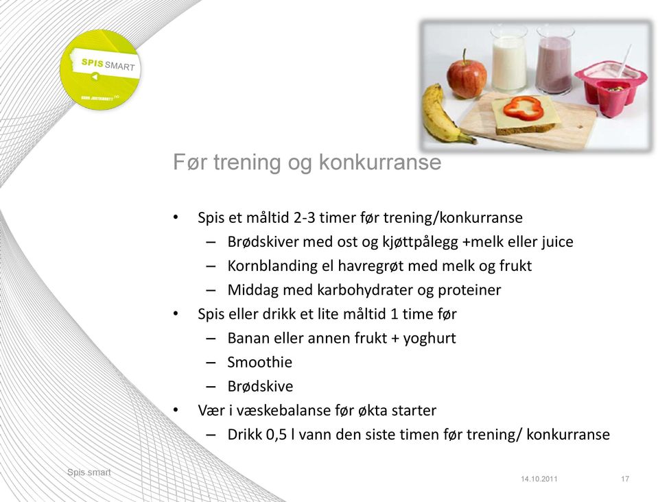 proteiner Spis eller drikk et lite måltid 1 time før Banan eller annen frukt + yoghurt Smoothie