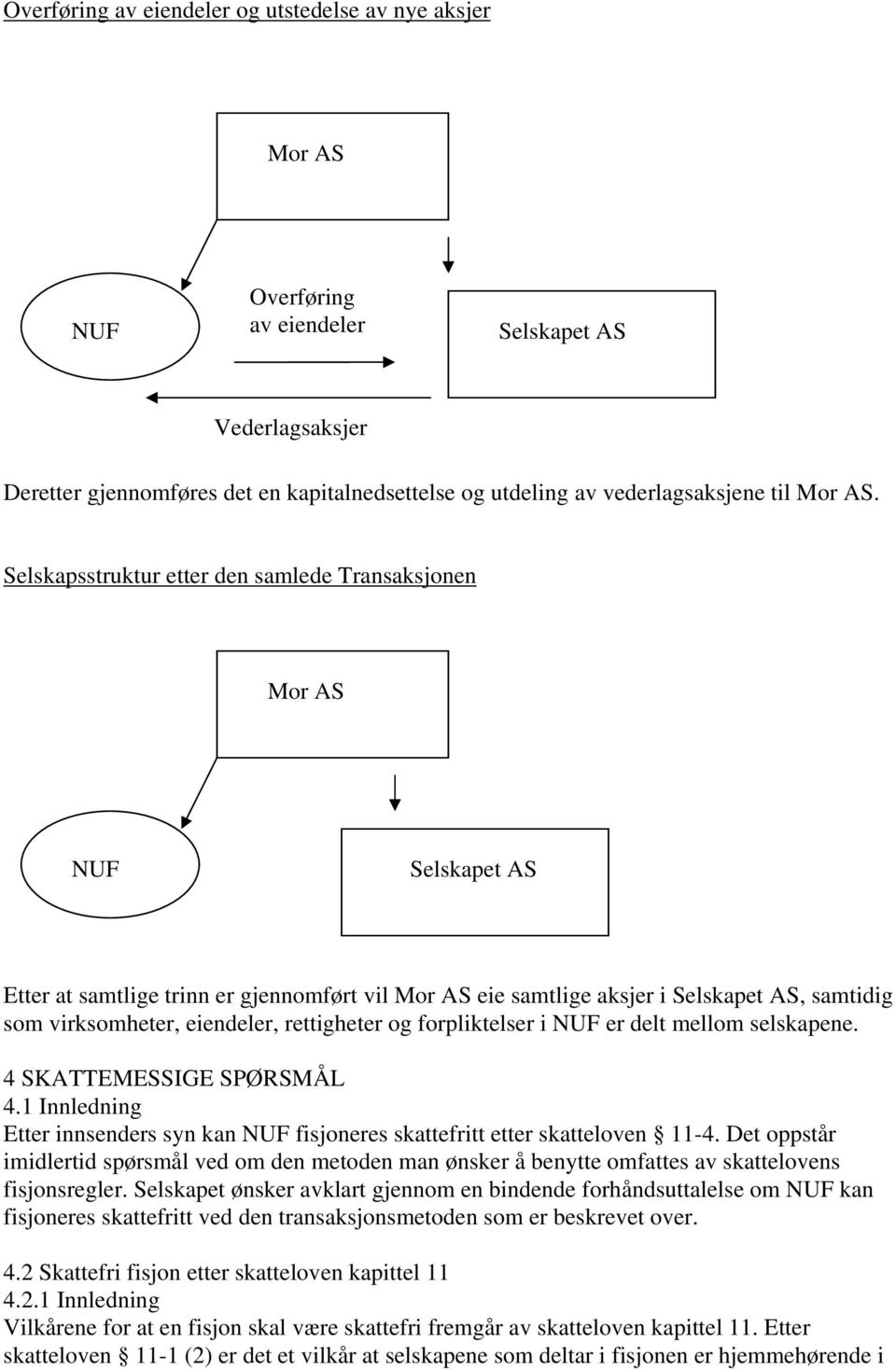 Selskapsstruktur etter den samlede Transaksjonen Mor AS NUF Selskapet AS Etter at samtlige trinn er gjennomført vil Mor AS eie samtlige aksjer i Selskapet AS, samtidig som virksomheter, eiendeler,