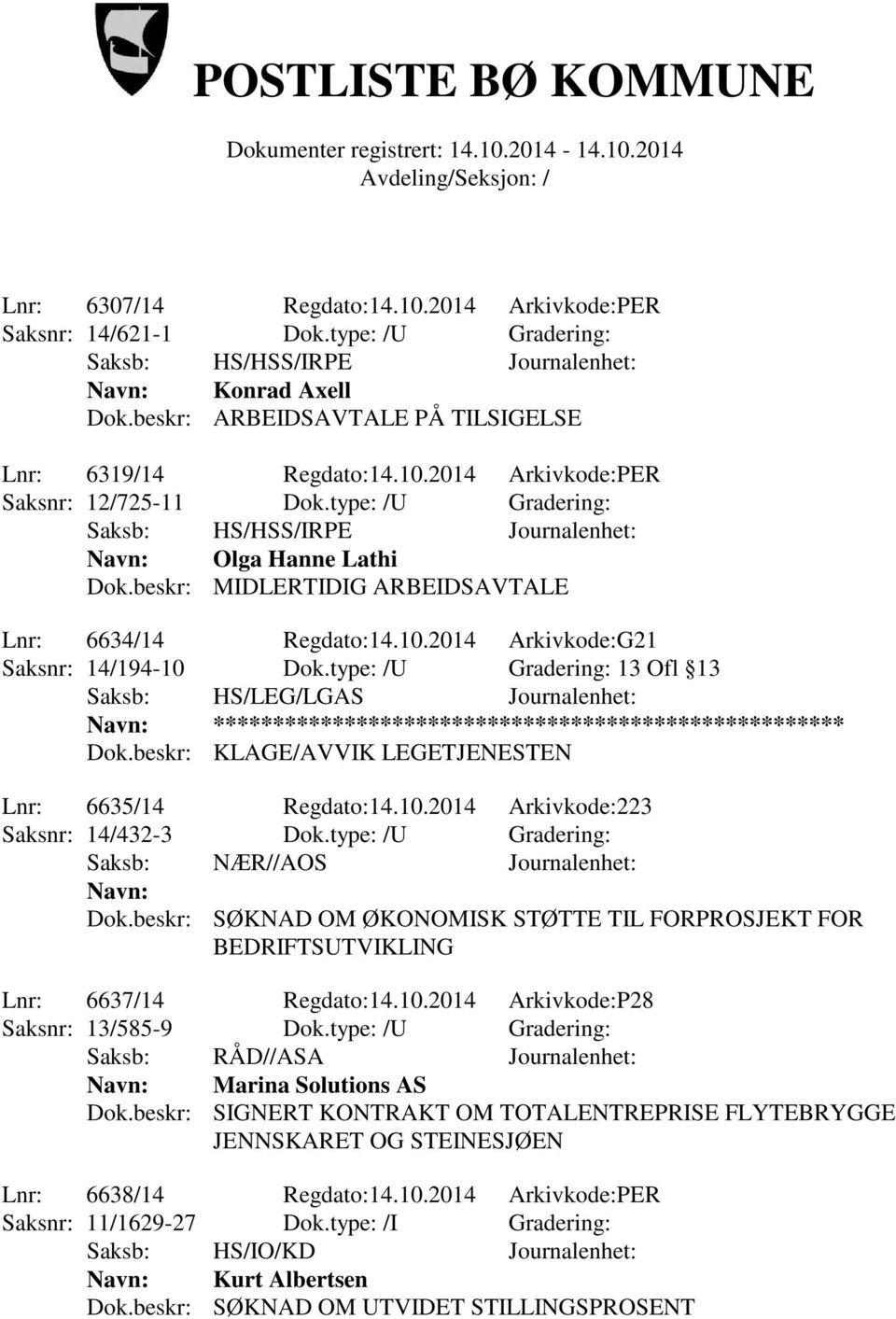 beskr: MIDLERTIDIG ARBEIDSAVTALE Lnr: 6634/14 Regdato:14.10.2014 Arkivkode:G21 Saksnr: 14/194-10 Dok.