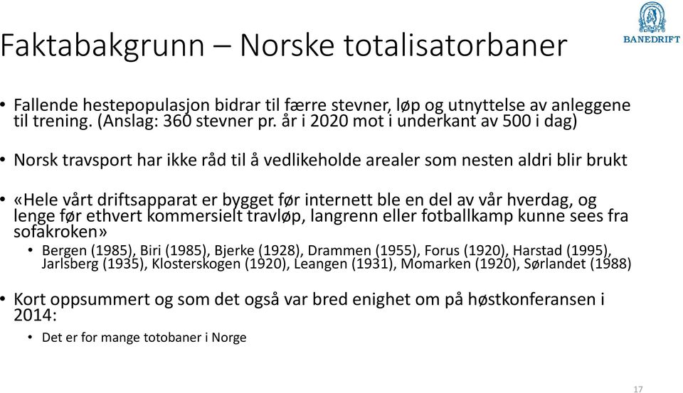 vår hverdag, og lenge før ethvert kommersielt travløp, langrenn eller fotballkamp kunne sees fra sofakroken» Bergen (1985), Biri (1985), Bjerke (1928), Drammen (1955), Forus (1920),