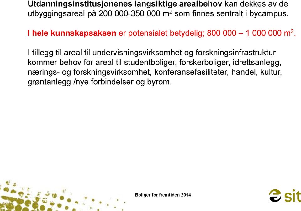 I tillegg til areal til undervisningsvirksomhet og forskningsinfrastruktur kommer behov for areal til studentboliger,