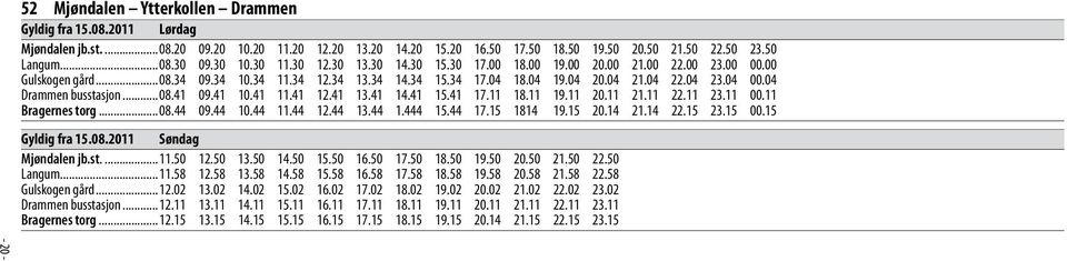 04 Drammen busstasjon...08.41 09.41 10.41 11.41 12.41 13.41 14.41 15.41 17.11 18.11 19.11 20.11 21.11 22.11 23.11 00.11 Bragernes torg...08.44 09.44 10.44 11.44 12.44 13.44 1.444 15.44 17.15 1814 19.