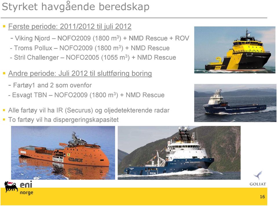 Rescue Andre periode: Juli 2012 til sluttføring boring - Fartøy1 and 2 som ovenfor - Esvagt TBN NOFO2009 (1800