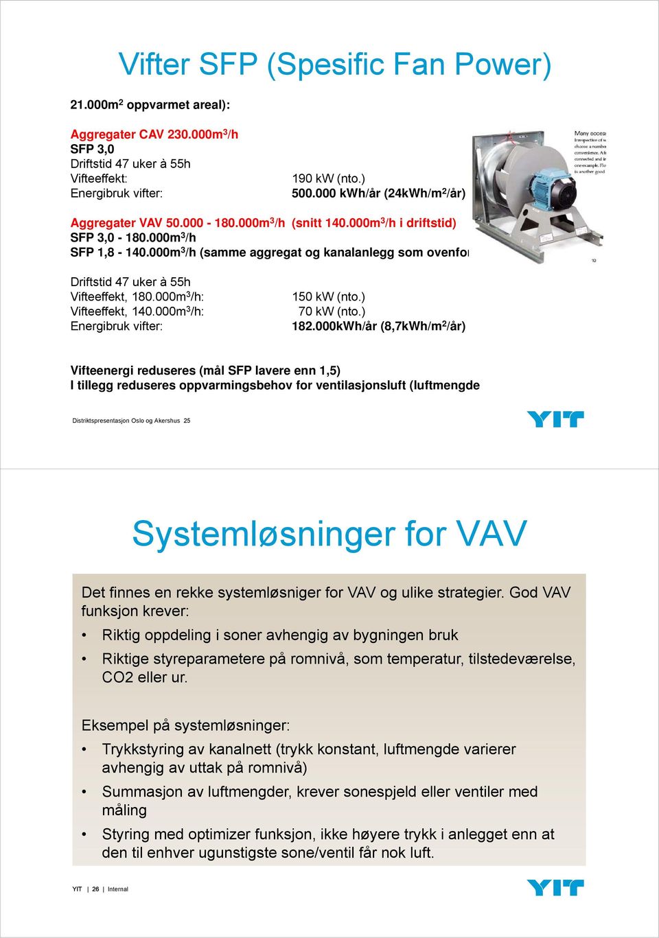 000m 3 /h (samme aggregat og kanalanlegg som ovenfor) Driftstid 47 uker à 55h Vifteeffekt, 180.000m 3 /h: Vifteeffekt, 140.000m 3 /h: Energibruk vifter: 150 kw (nto.) 70 kw (nto.) 182.