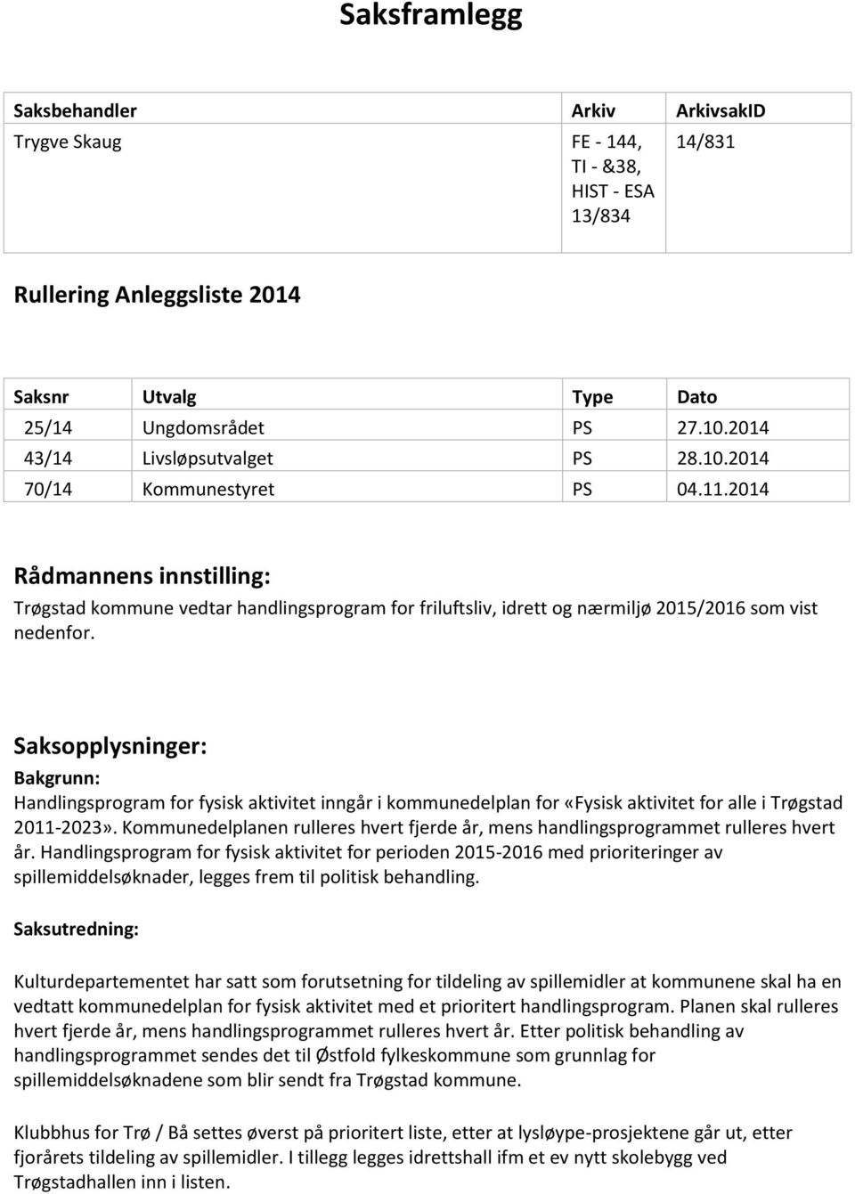 2014 Rådmannens innstilling: Trøgstad kommune vedtar handlingsprogram for friluftsliv, idrett og nærmiljø 2015/2016 som vist nedenfor.