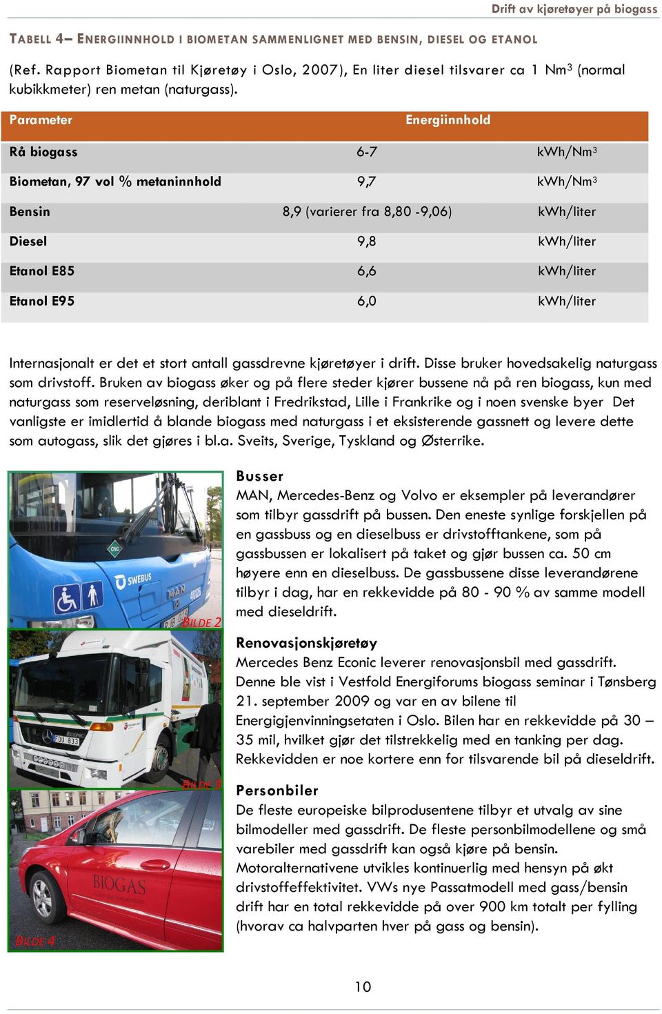 Parameter Energiinnhold Rå biogass 6-7 kwh/nm 3 Biometan, 97 vol % metaninnhold 9,7 kwh/nm 3 Bensin 8,9 (varierer fra 8,80-9,06) kwh/liter Diesel 9,8 kwh/liter Etanol E85 6,6 kwh/liter Etanol E95 6,0