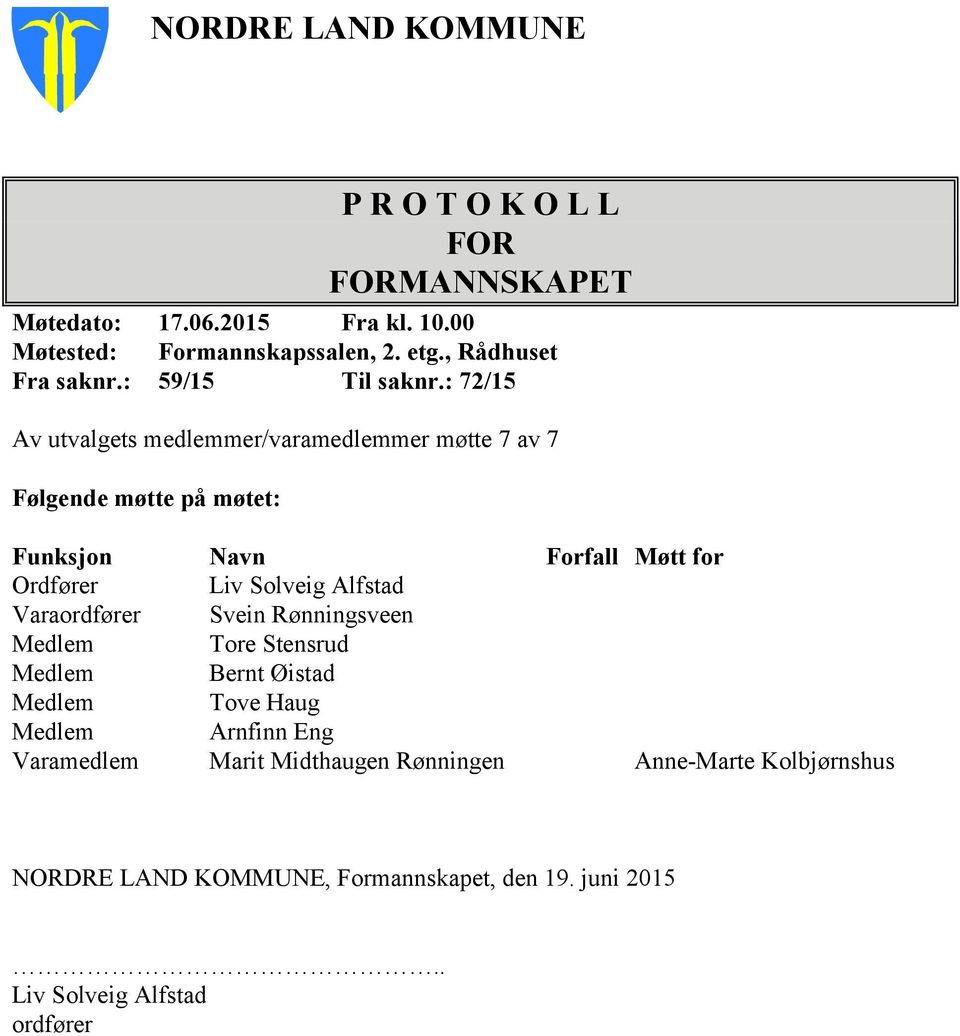 : 72/15 Av utvalgets medlemmer/varamedlemmer møtte 7 av 7 Følgende møtte på møtet: Funksjon Navn Forfall Møtt for Ordfører Liv Solveig