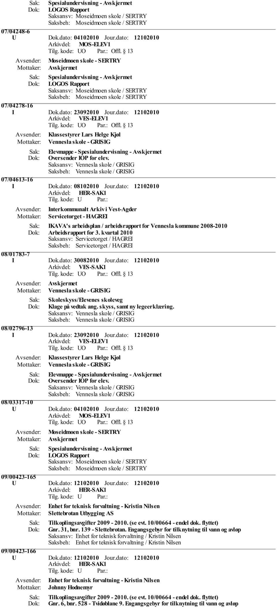 dato: Interkommunalt Arkiv i Vest-Agder Servicetorget - HAGREI IKAVA's arbeidsplan / arbeidsrapport for Vennesla kommune 2008-2010 Arbeidsrapport for 3.