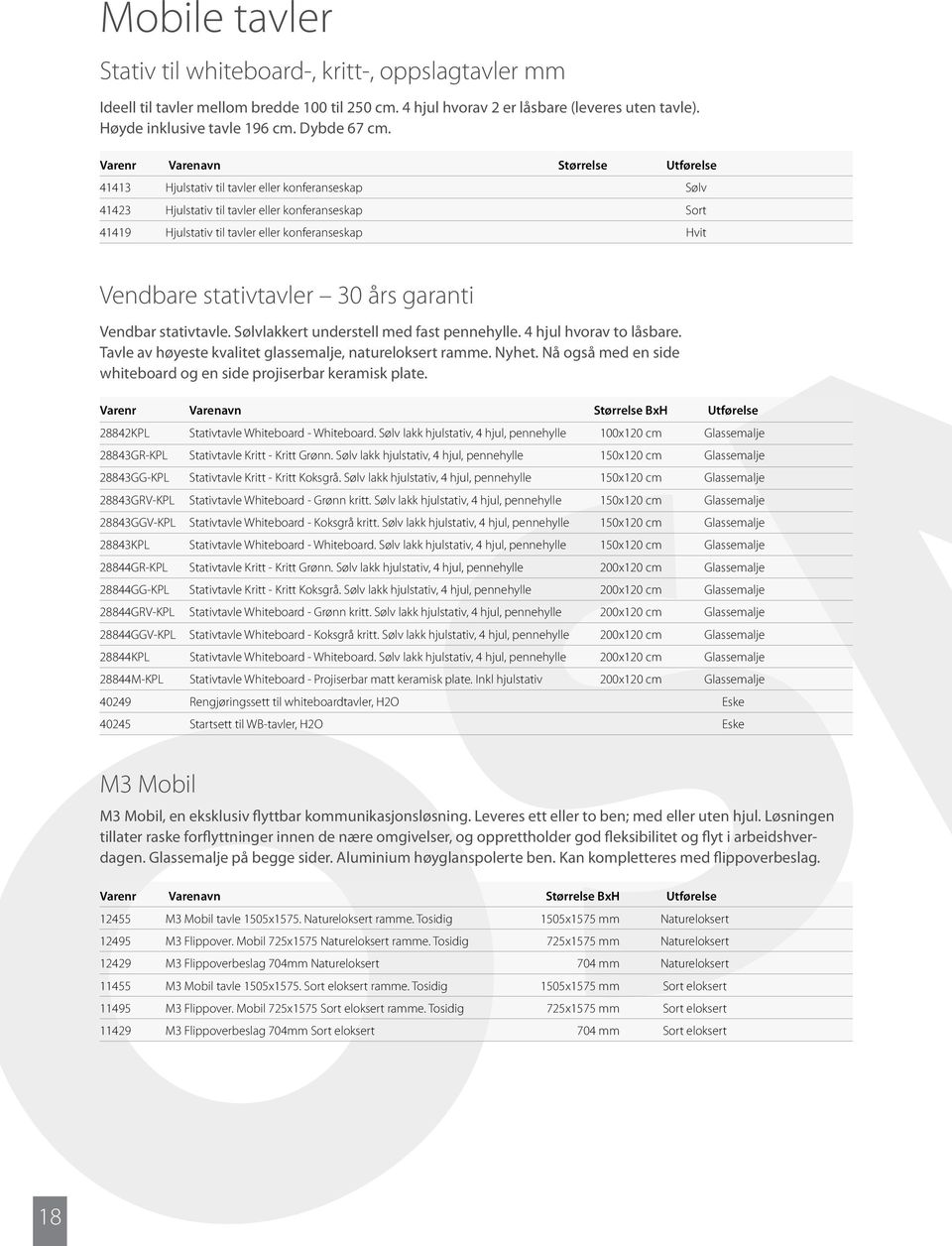 Varenr Varenavn Størrelse Utførelse 41413 Hjulstativ til tavler eller konferanseskap Sølv 41423 Hjulstativ til tavler eller konferanseskap Sort 41419 Hjulstativ til tavler eller konferanseskap Hvit