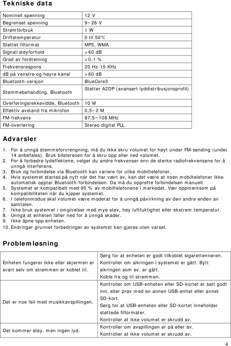 FM-overføring Advarsler BlueCore3 Støtter A2DP (avansert lyddistribusjonsprofil) 0,5~2 M 87,5~108 MHz Stereo digital PLL 1.