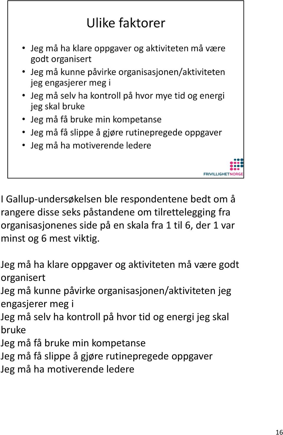 Jeg må ha klare oppgaver og aktiviteten må være godt organisert Jeg må kunne påvirke organisasjonen/aktiviteten jeg