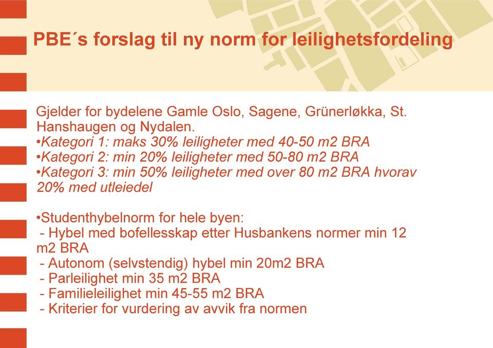 over 80 m2 BRA hvorav 20% med utleiedel Studenthybelnorm for hele byen: - Hybel med bofellesskap etter Husbankens normer min 12 m2 BRA -