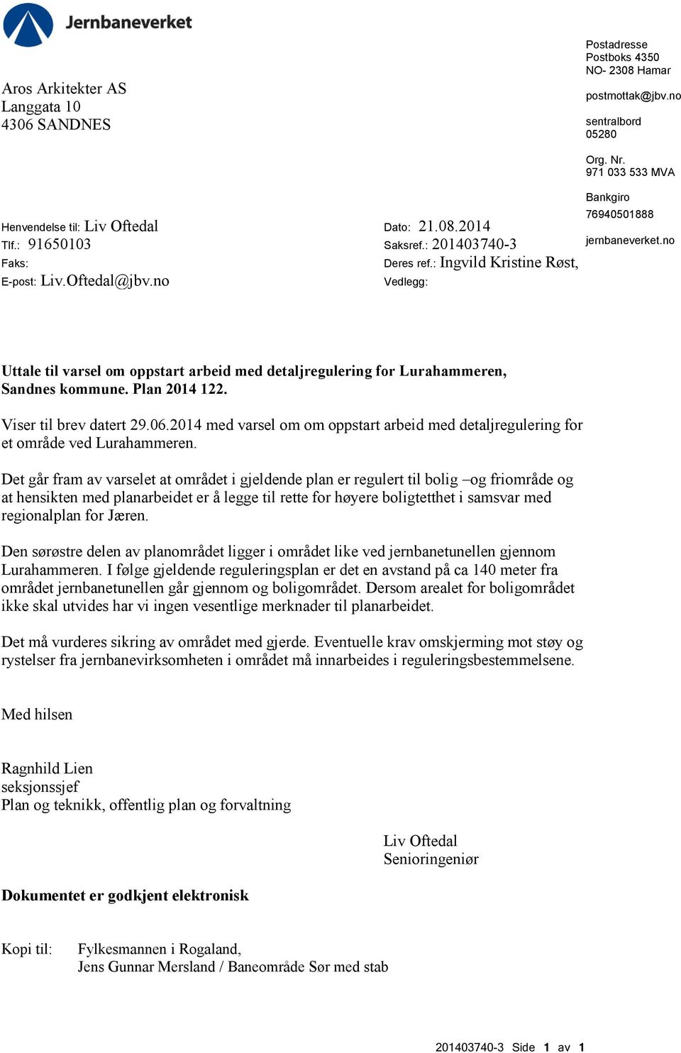 no Uttale til varsel om oppstart arbeid med detaljregulering for Lurahammeren, Sandnes kommune. Plan 2014 122. Viser til brev datert 29.06.