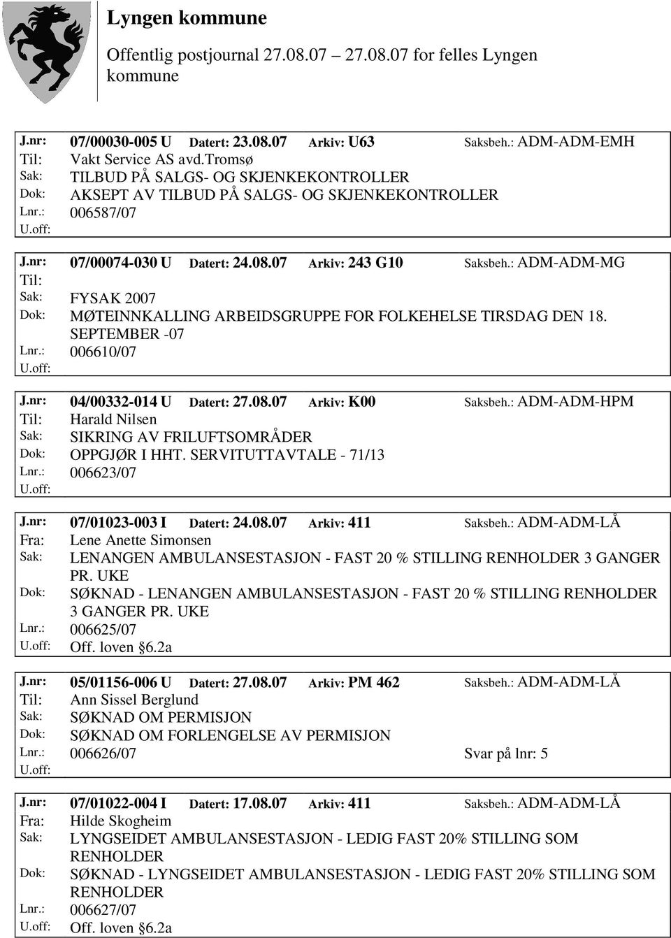 : ADM-ADM-MG Til: Sak: FYSAK 2007 Dok: MØTEINNKALLING ARBEIDSGRUPPE FOR FOLKEHELSE TIRSDAG DEN 18. SEPTEMBER -07 Lnr.: 006610/07 J.nr: 04/00332-014 U Datert: 27.08.07 Arkiv: K00 Saksbeh.