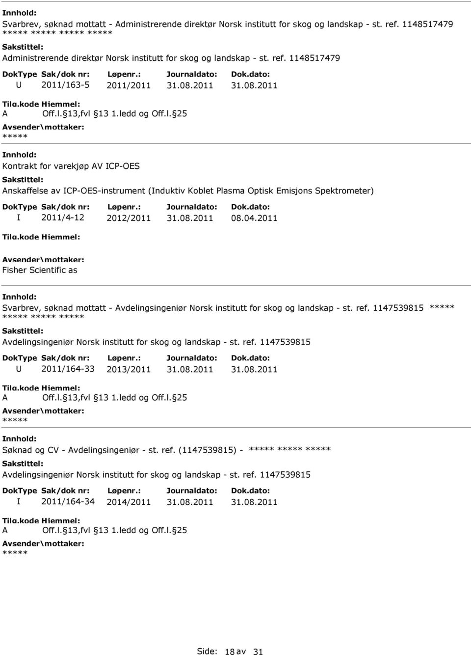 1148517479 2011/163-5 2011/2011 Kontrakt for varekjøp V CP-OES nskaffelse av CP-OES-instrument (nduktiv Koblet Plasma Optisk Emisjons Spektrometer) 2011/4-12 2012/2011 08.04.