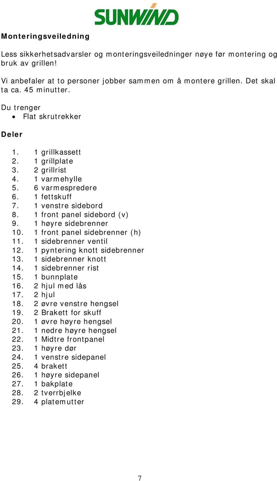 1 høyre sidebrenner 10. 1 front panel sidebrenner (h) 11. 1 sidebrenner ventil 12. 1 pyntering knott sidebrenner 13. 1 sidebrenner knott 14. 1 sidebrenner rist 15. 1 bunnplate 16. 2 hjul med lås 17.