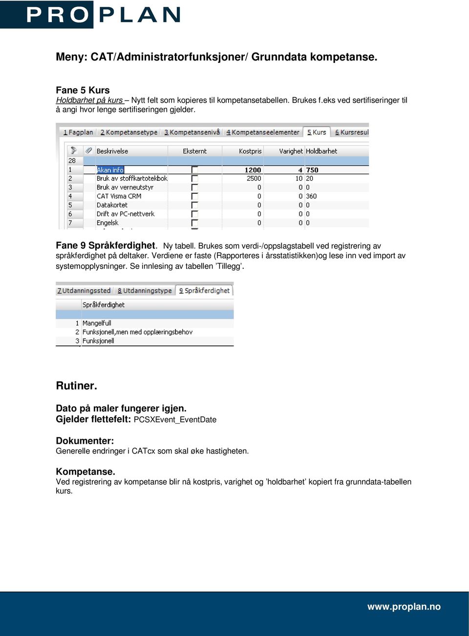 Brukes som verdi-/oppslagstabell ved registrering av språkferdighet på deltaker. Verdiene er faste (Rapporteres i årsstatistikken)og lese inn ved import av systemopplysninger.