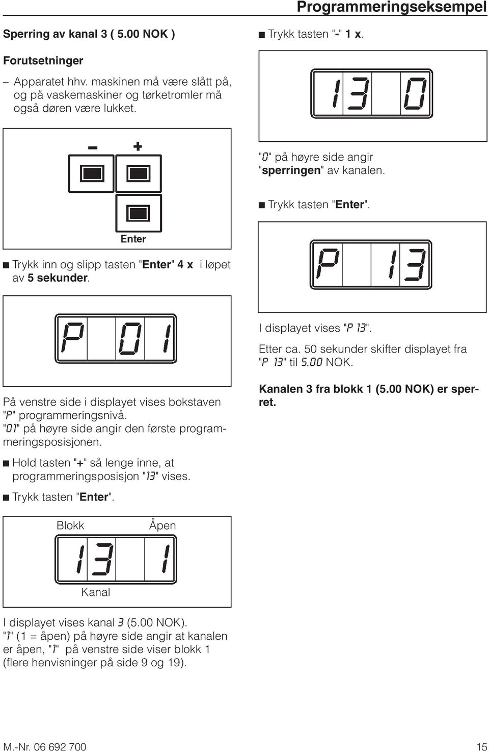50 sekunder skifter displayet fra "P 13" til 5.00 NOK. På venstre side i displayet vises bokstaven "P" programmeringsnivå. "01" på høyre side angir den første programmeringsposisjonen.