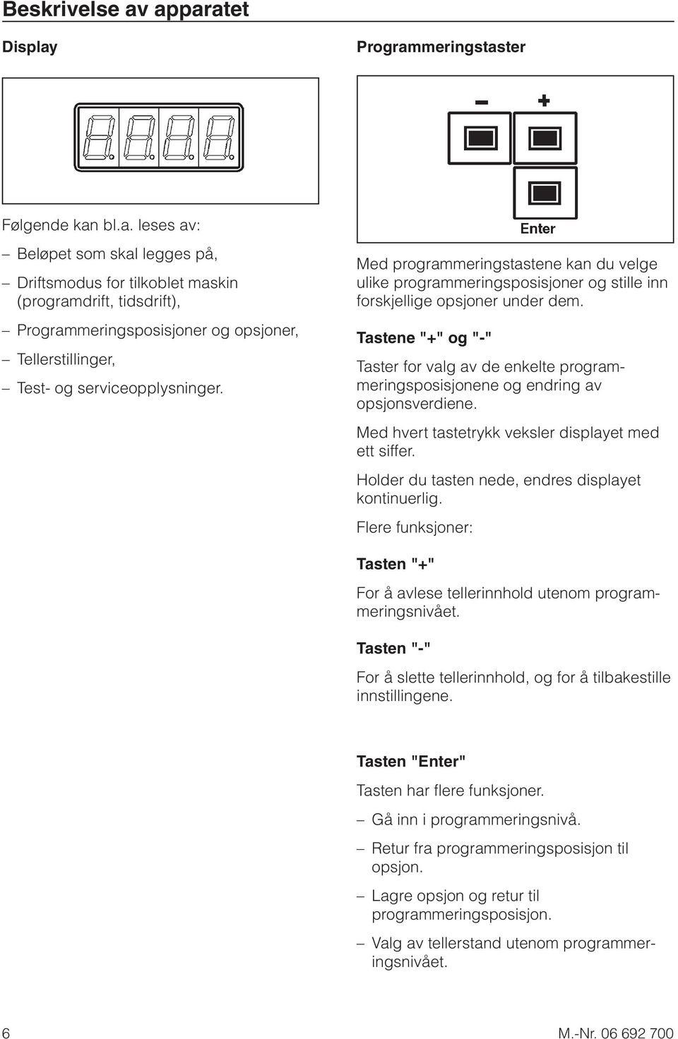 Tastene "+" og "-" Taster for valg av de enkelte programmeringsposisjonene og endring av opsjonsverdiene. Med hvert tastetrykk veksler displayet med ett siffer.