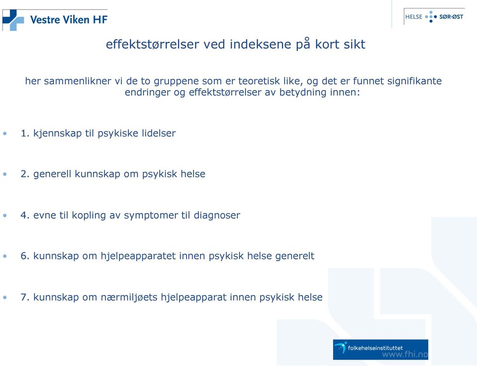 kjennskap til psykiske lidelser 2. generell kunnskap om psykisk helse 4.