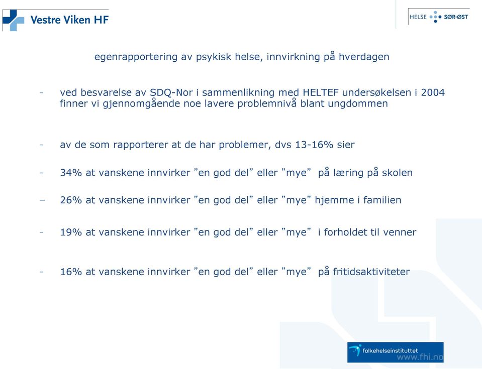 34% at vanskene innvirker en god del eller mye på læring på skolen 26% at vanskene innvirker en god del eller mye hjemme i familien -