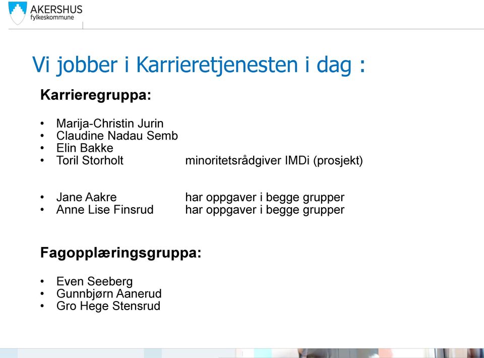 (prosjekt) Jane Aakre har oppgaver i begge grupper Anne Lise Finsrud har