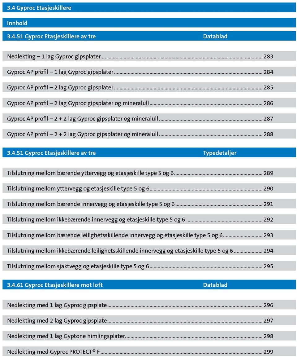 51 Gyproc Etasjeskillere av tre Typedetaljer Tilslutning mellom bærende yttervegg og etasjeskille type 5 og 6... 289 Tilslutning mellom yttervegg og etasjeskille type 5 og 6.