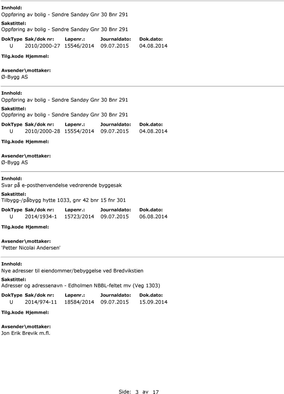 2014 Ø-Bygg AS Svar på e-posthenvendelse vedrørende byggesak Tilbygg-/påbygg hytte 1033, gnr 42 bnr 15 fnr 301 2014/1934-1 15723/2014 06.08.