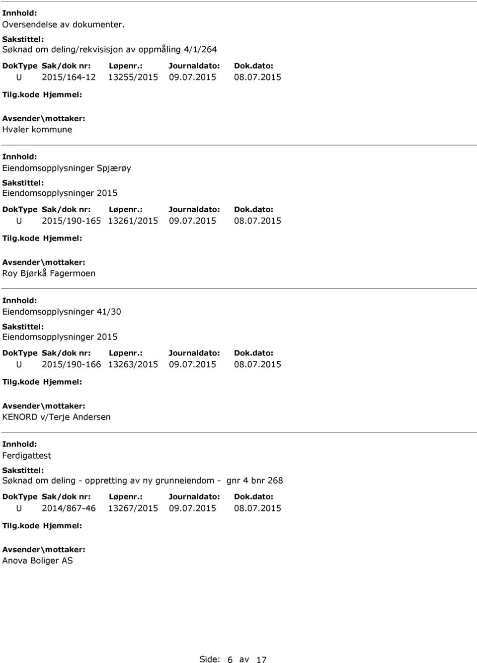 Spjærøy Eiendomsopplysninger 2015 2015/190-165 13261/2015 Roy Bjørkå Fagermoen Eiendomsopplysninger 41/30