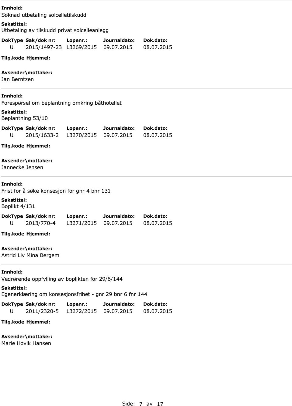 konsesjon for gnr 4 bnr 131 Boplikt 4/131 2013/770-4 13271/2015 Astrid Liv Mina Bergem Vedrørende oppfylling av