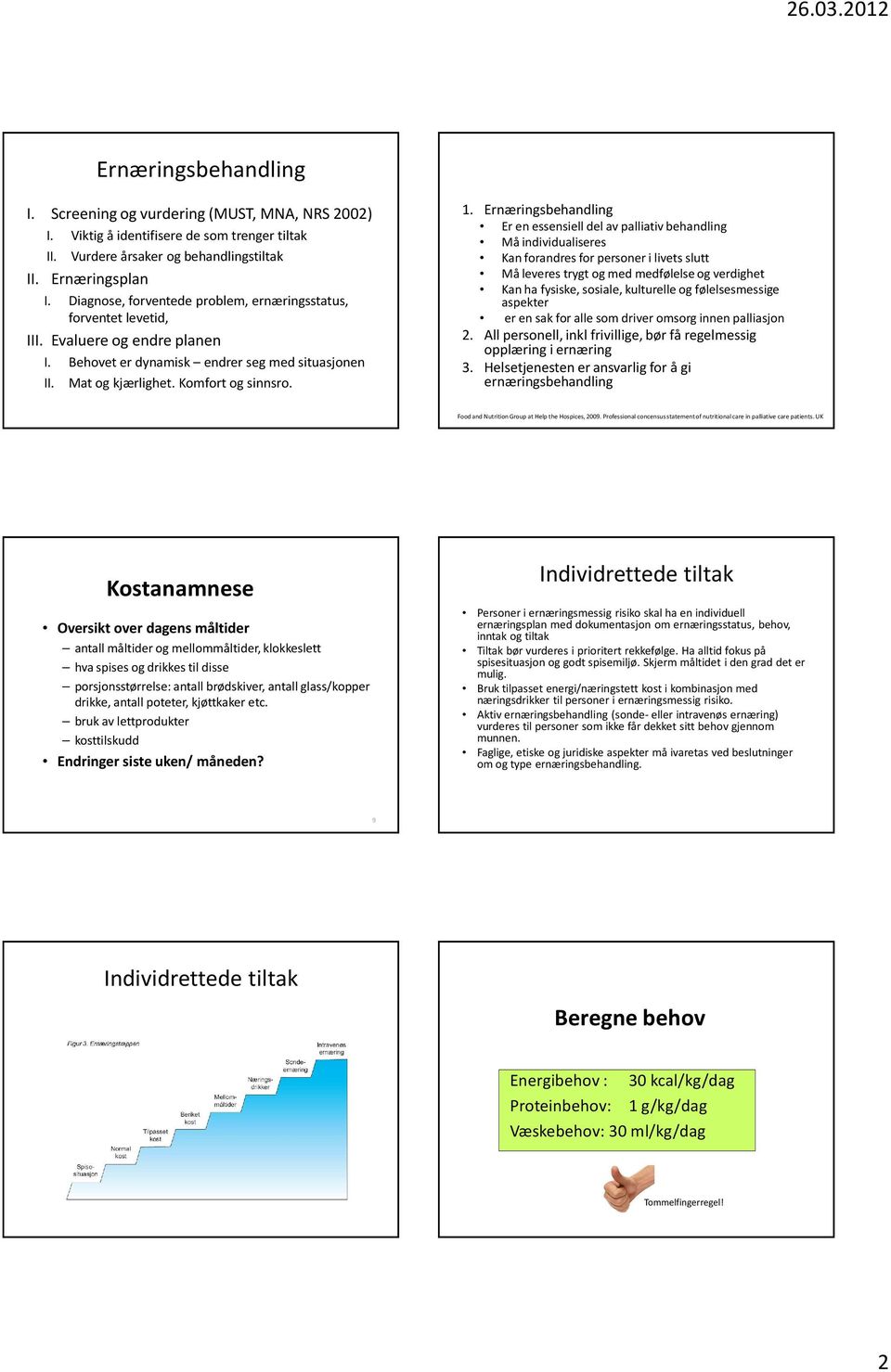 Ernæringsbehandling Er en essensiell del av palliativ behandling Må individualiseres Kan forandres for personer i livets slutt Må leveres trygt og med medfølelse og verdighet Kan ha fysiske, sosiale,