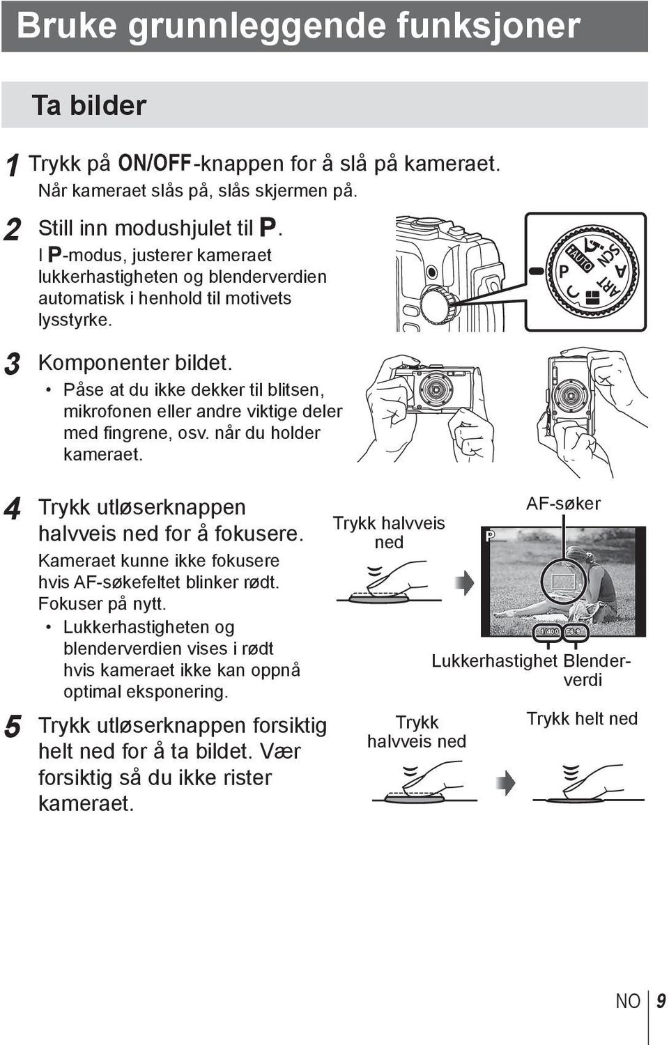 Påse at du ikke dekker til blitsen, mikrofonen eller andre viktige deler med fingrene, osv. når du holder kameraet. 4 Trykk utløserknappen halvveis ned for å fokusere.