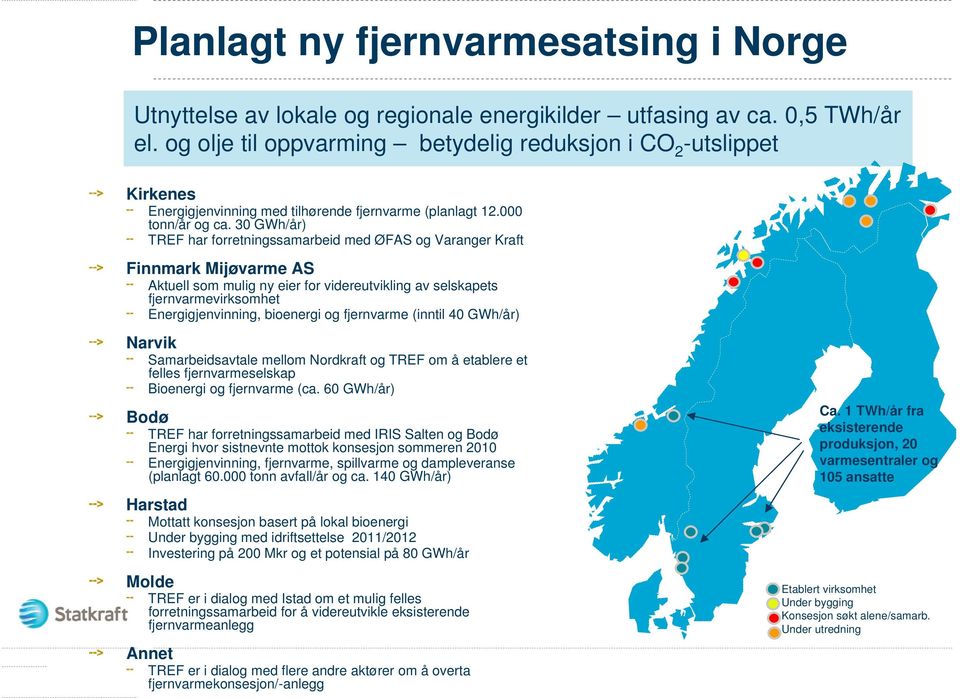 30 GWh/år) TREF har forretningssamarbeid med ØFAS og Varanger Kraft Finnmark Mijøvarme AS Aktuell som mulig ny eier for videreutvikling av selskapets fjernvarmevirksomhet Energigjenvinning, bioenergi