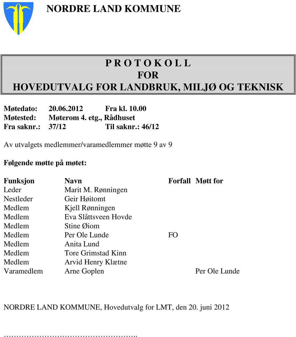 : 46/12 Av utvalgets medlemmer/varamedlemmer møtte 9 av 9 Følgende møtte på møtet: Funksjon Navn Forfall Møtt for Leder Marit M.