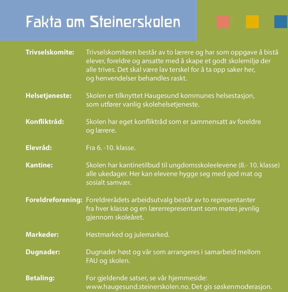 Skolen er tilknyttet Haugesund kommunes helsestasjon, som utfører vanlig skolehelsetjeneste. Skolen har eget konfliktråd som er sammensatt av foreldre og lærere. Fra 6. -10. klasse.