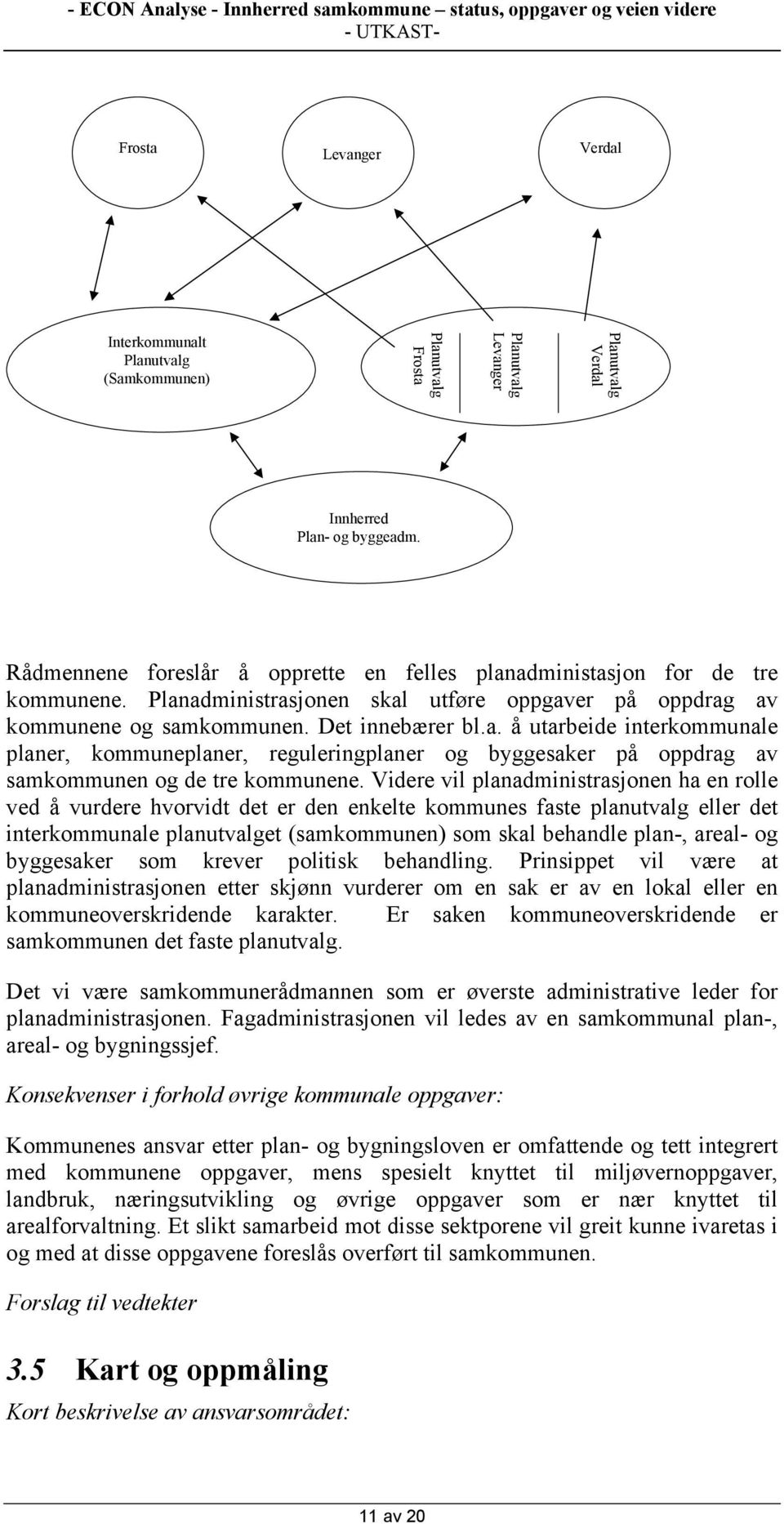 Videre vil planadministrasjonen ha en rolle ved å vurdere hvorvidt det er den enkelte kommunes faste planutvalg eller det interkommunale planutvalget (samkommunen) som skal behandle plan-, areal- og