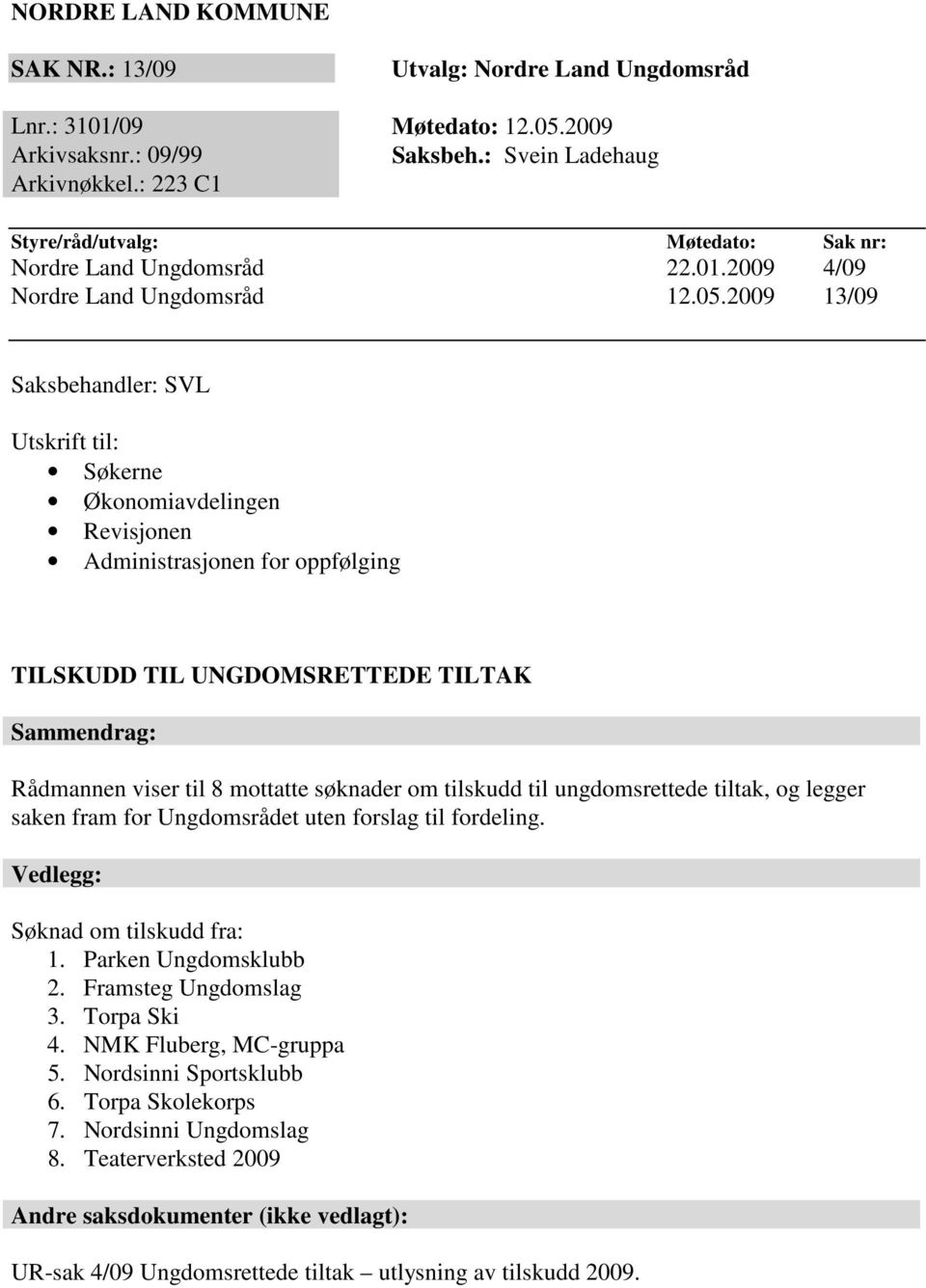 2009 13/09 Saksbehandler: SVL Utskrift til: Søkerne Økonomiavdelingen Revisjonen Administrasjonen for oppfølging TILSKUDD TIL UNGDOMSRETTEDE TILTAK Sammendrag: Rådmannen viser til 8 mottatte søknader