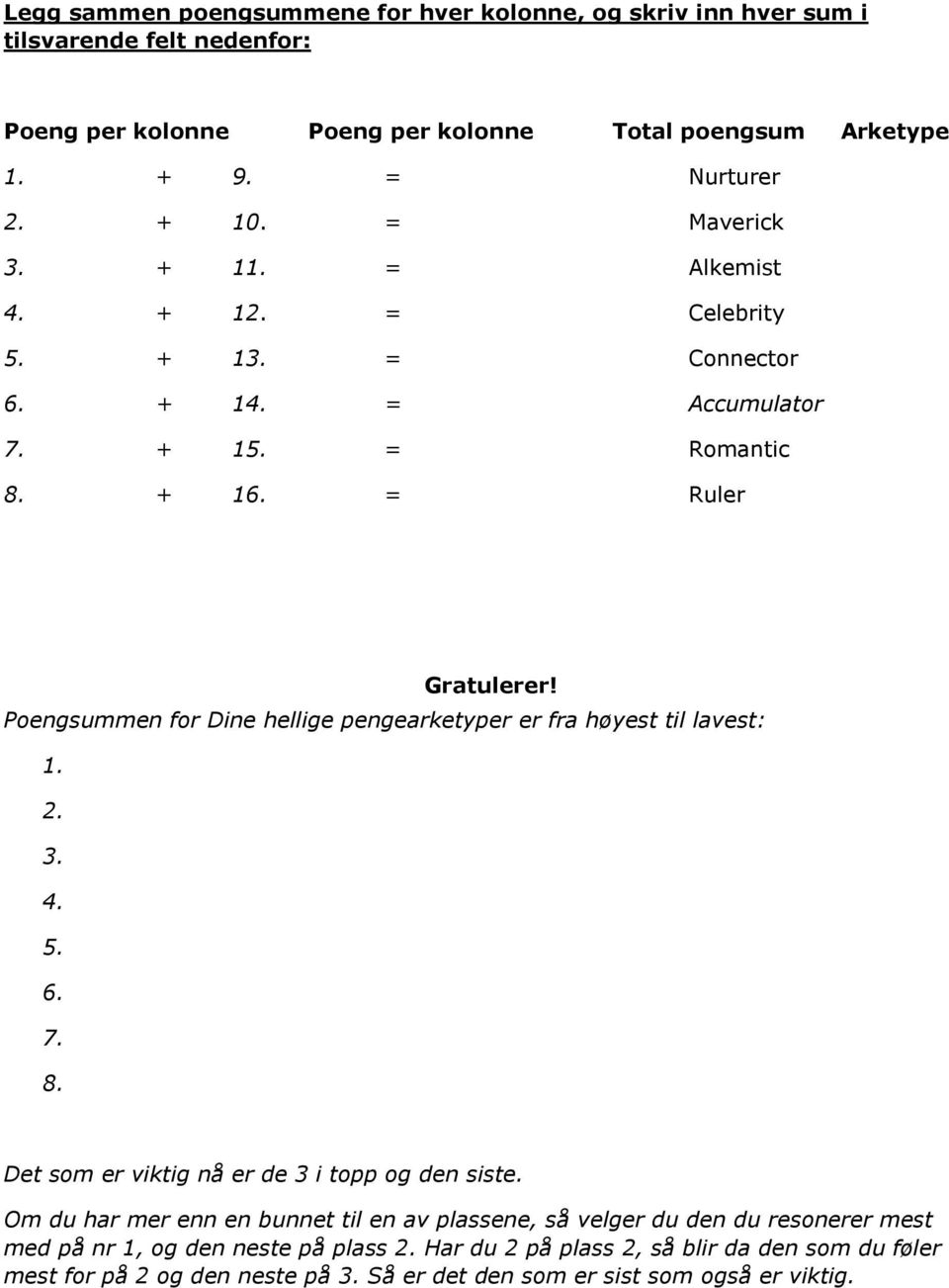 Poengsummen for Dine hellige pengearketyper er fra høyest til lavest: 1. 2. 3. 4. 5. 6. 7. 8. Det som er viktig nå er de 3 i topp og den siste.